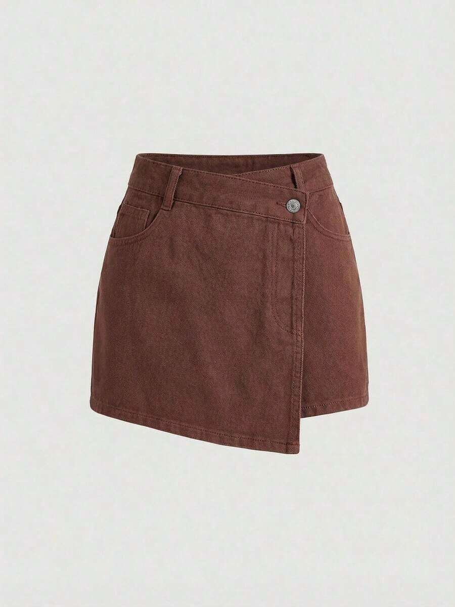 MOD Pantalones cortos de mezclilla sencillos y lisos para mujer, shorts vaqueros de verano - Café integral - Ver 1
