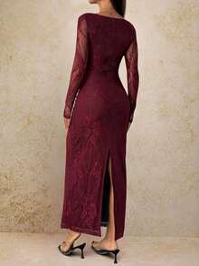 PETITE Vestido maxi negro ajustado de cuello cuadrado con copa de pecho, mangas largas de encaje con forma de S y escote sexy para fiesta de verano, cita y noche - Rojo violeta - Ver 2