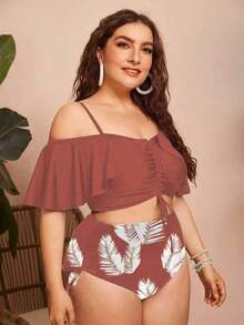 Swim Chiccia Conjunto de 2 piezas de bikini de talla grande para mujer de unicolor con tirantes de espagueti, hombros descubiertos, volantes y cordón - Elegante y estiloso para vacaciones informales - Multicolor - Ver 4