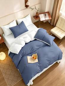 New Solid Color Patchwork Nordic Style Simple Polyester Duvet Cover 3 Pieces Set - Dusty Blue - View 6