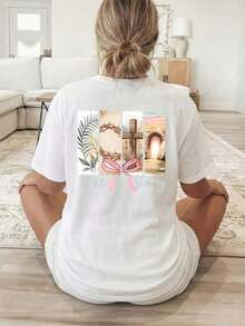 Women's Casual T-Shirt With Double-Sided Print, Short Sleeve, Round Neck, 4-Motif Grid Patch Design: Leaf, Crown Of Thorns, Empty Grave, With Pink Ribbon And Original Text, Washable, Suitable Casual Wear, 100% Cotton, Durable - 白色 - 查看 2