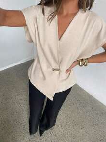 Blusa casual de lino de color albaricoque con bajo asimétrico, nueva para primavera/verano de mujer - Albaricoque - Ver 8