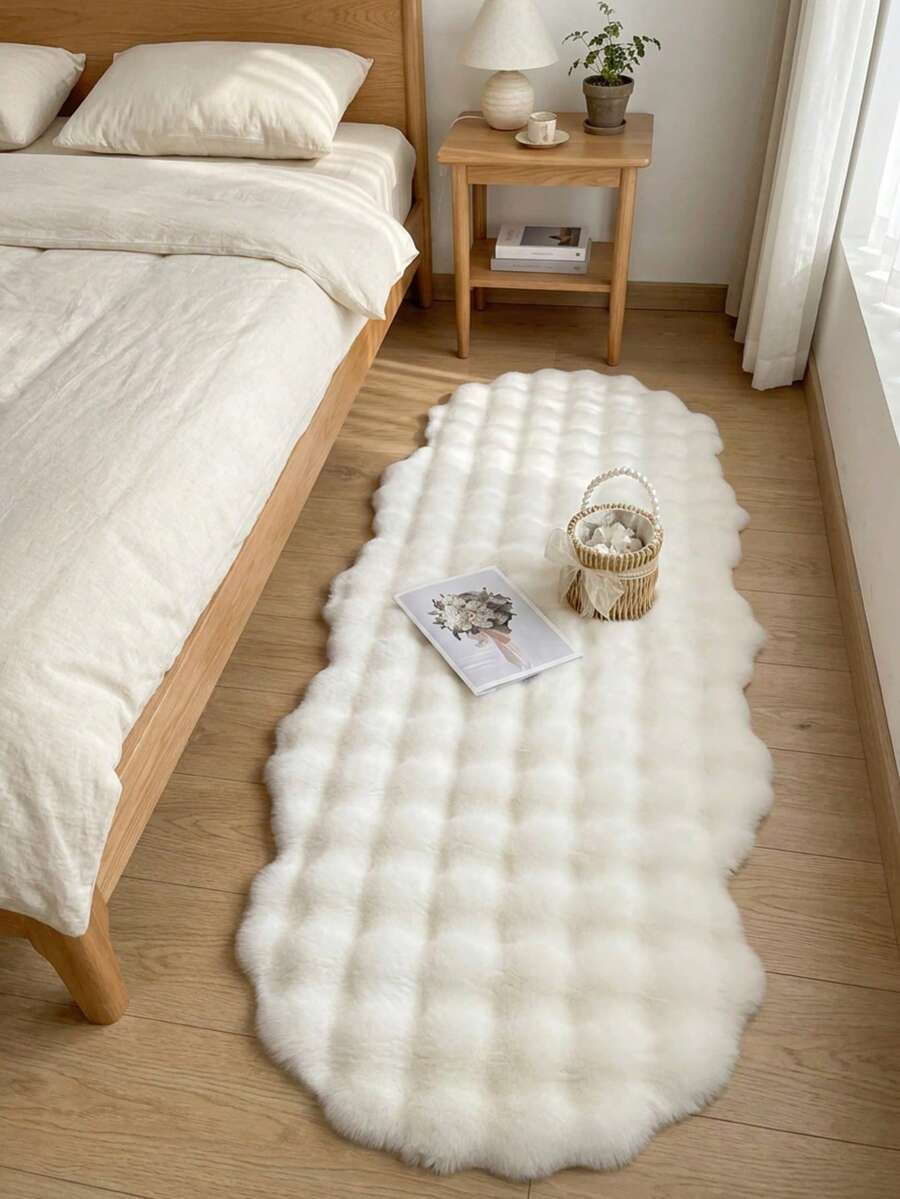 1pc White Double-Sided 3D Checkered Faux Rabbit Fur Bubble Fleece Decorative Rug, Wavy Edge, Fluffy And Soft Touch, Gentle Color, Cozy And Healing, Cat-Like Texture, Fuzzy, Soft Long Pile, Non-Slip Bottom, Low Shedding, Easy Care And Easy Clean, Thick And Durable Rug, Suitable For Living Room, Bedroom, Study, Entryway, Dining Room, Laundry Room Decoration, Skin-Friendly And Soft Material, Personalized Home, Fashion Home, Bedroom Rug, Kitchen Rug, Study Rug, Living Room Rug, Bathroom Rug, All Seasons - White - View 1