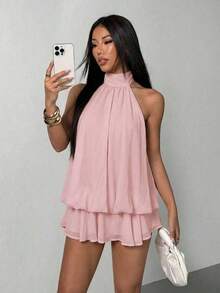 Vestido mini elegante de mujer con escote halter y lazo en color beige - Rosa - Ver 6