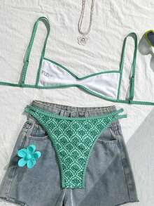 Swim Mod Traje de baño de verano con estampado floral para mujer, con tirantes finos, bikini sexy, vacaciones, ajustado, casual, lindo y juguetón, de dos piezas - Verde - Ver 2