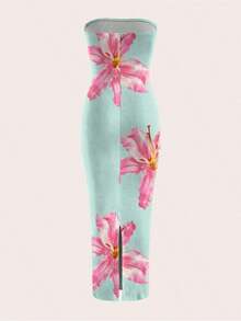 Vestido midi ajustado bandeau con estampado floral, estilo de vacaciones en la playa para mujer - Multicolor 3 - Ver 2