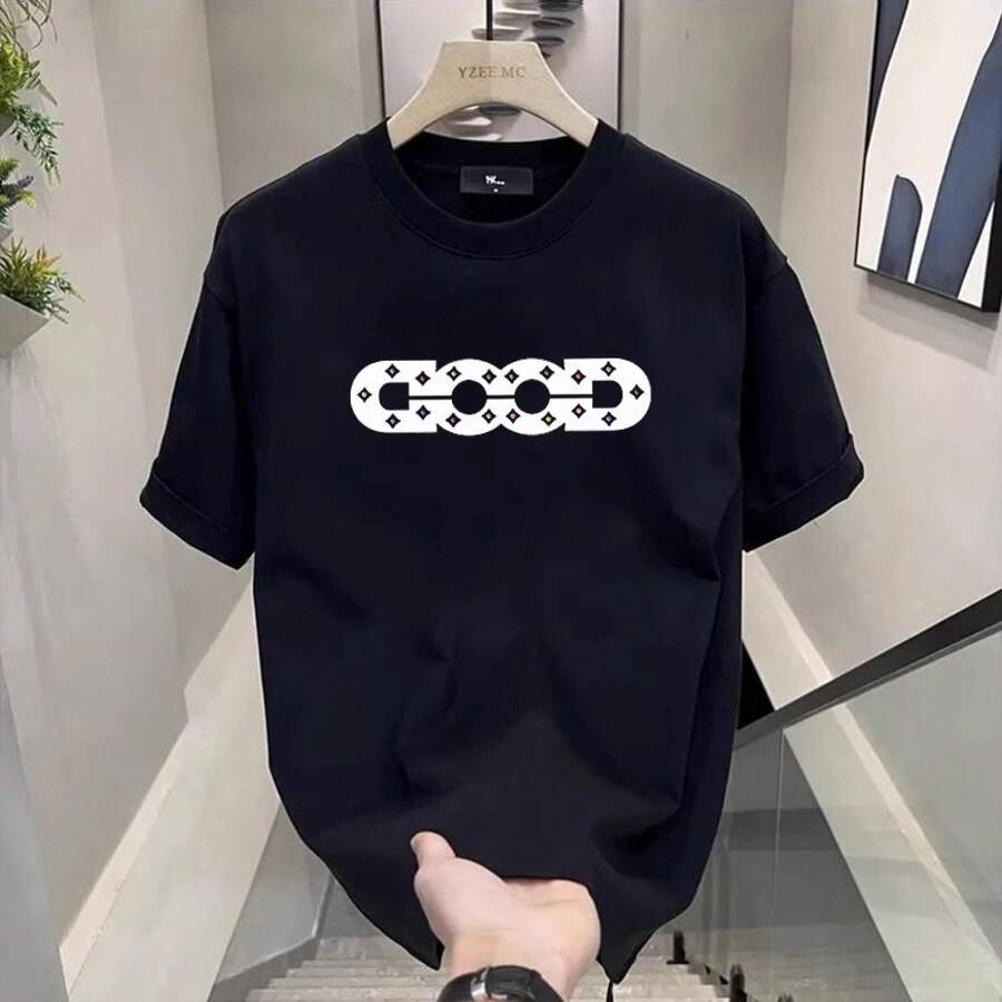 Camiseta casual de manga corta para hombre, de algodón puro, con estampado de letras, corte holgado, talla grande, estilo americano, ideal para parejas, producto nuevo. HJFE - 250 g de algodón puro - negro - Ver 1