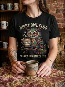 Talla Grande - Talla Grande - 1pc Ropa de Verano para Mujer de Talla Grande, Camiseta con Estampado Gráfico de Búho Nocturno Colorido Club de Café para la Noche, Corte Holgado, Mangas Cortas con Cuello Redondo, Top casual y Moderno, Adecuado para Fiestas, Regalos de Vacaciones, Uso Diario - Negro - Ver 2