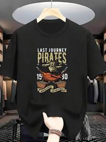 Plus Size T-Shirt 100% LAST JOURNEY Pirate Theme Crew Neck Short Sleeve, Ages 15-30, Work Like A Captain, Play Like A Pirate, Comfortable Casual Short Sleeve Summer T-Shirt - 黑色 - 查看 1