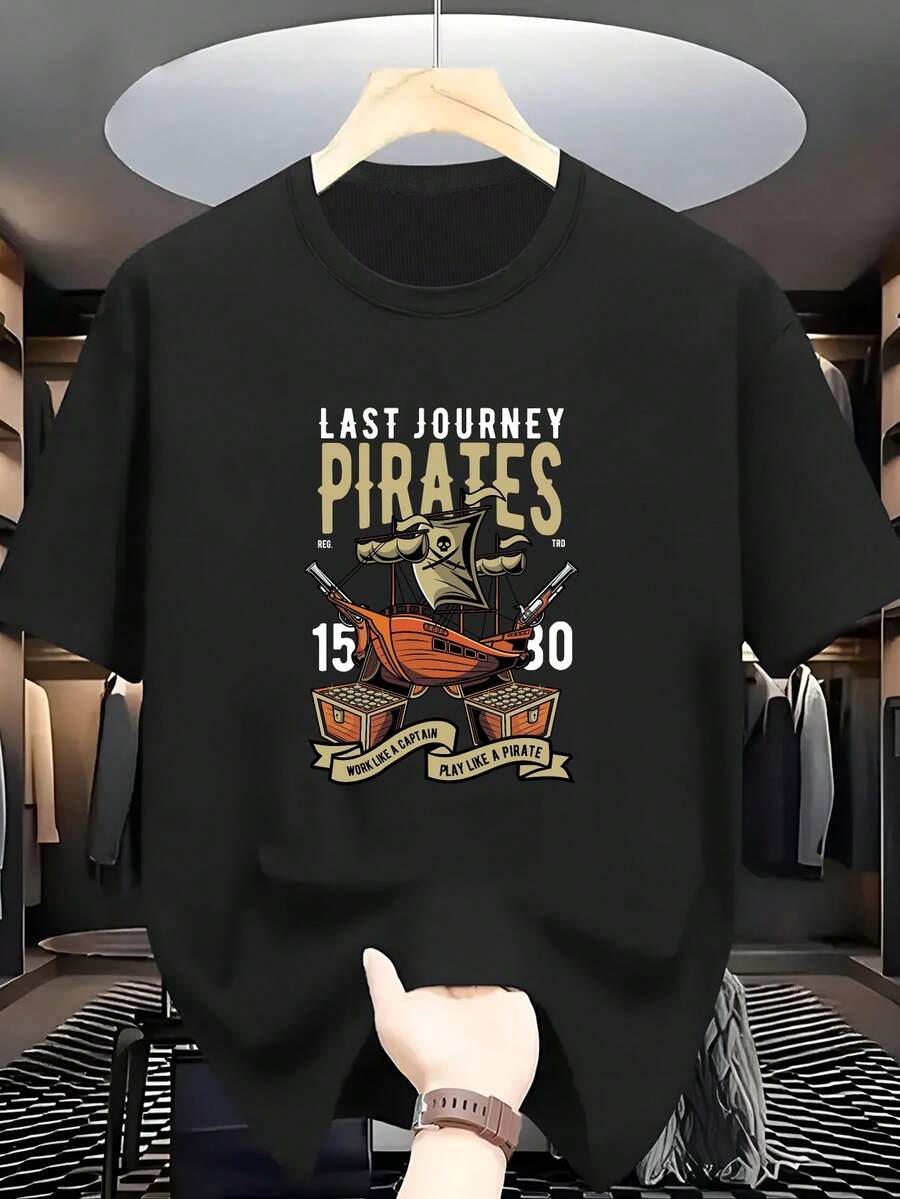 Plus Size T-Shirt 100% LAST JOURNEY Pirate Theme Crew Neck Short Sleeve, Ages 15-30, Work Like A Captain, Play Like A Pirate, Comfortable Casual Short Sleeve Summer T-Shirt - 黑色 - 查看 1
