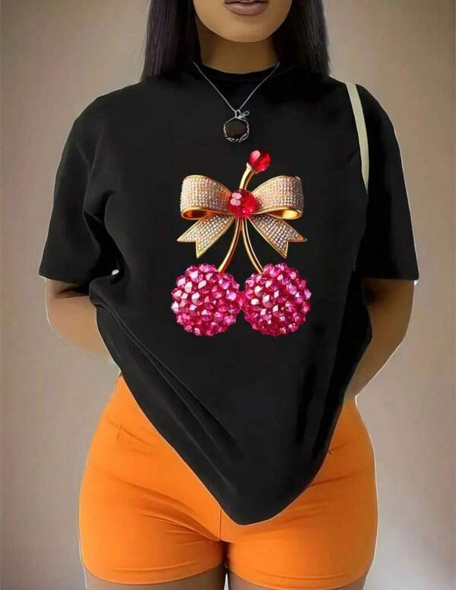 Oferta especial en tallas grandes: 1pc camiseta deportiva de manga corta y cuello redondo para mujer, 100 % algodón, de 180 g. Diseñada por un artista Y2K al estilo Bababask, ideal para el día a día, fiestas y todo tipo de celebraciones. Con un estampado de letras elegante y moderno, es perfecta tanto para regalar como para combinar en pareja, y se puede llevar en cualquier época del año. - Negro - Ver 1
