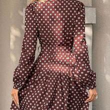 PariChic Women's Elegant Coffee-Colored Long-Sleeved Dress With A Romantic All-Over Rose Print, Featuring A Bow Belt, Front Buttons, And A Stylish Design Suitable For Autumn/Winter, Spring/Summer, Vacations, Valentine's Day Dates, Birthdays, A-Line Silhouettes, And Cute, Romantic Puff-Sleeved Short Dress - Café - Ver 3