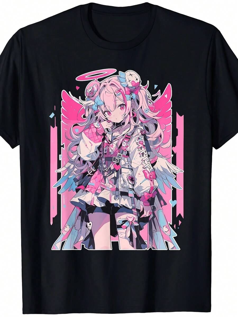Camiseta con estampado gráfico, manga corta y cuello redondo, top casual para verano y primavera, ropa de mujer - Negro - Ver 1