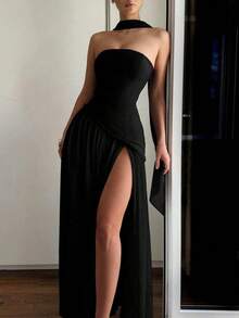 Elisanya Vestido de noche con faja de unicolor, minimalista y de moda, adecuado para el verano - Negro - Ver 5