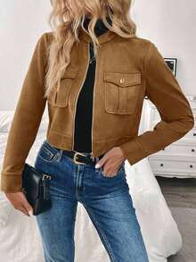 Chaqueta corta de carga de mujer con botones metálicos decorados, cálida y gruesa, adecuada para otoño/invierno - Caqui - Ver 5