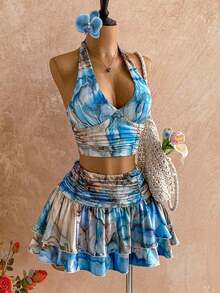 Conjunto de 2 piezas de top sin mangas ajustado con cuello en V y falda mini de doble capa acampanada en color beige texturizado, atuendo de resort - Azul 2 - Ver 5
