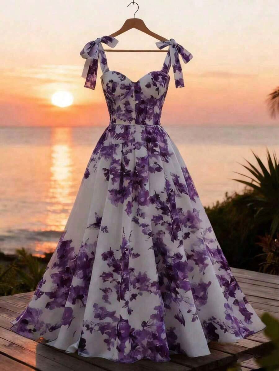 Vestido elegante con estampado floral y hombros con lazo para vacaciones - Morado - Ver 1