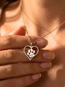 1pc Custom Paw Print Heart Name Stainless Steel Necklace, Paw Print Necklace, Pet Commemorative Necklace, Pet Souvenir, Gifts For Dog Lovers, Cat Lovers, Pet Bracelet Gifts For Mom, Cute Heart Paw Print Ornaments, Custom Pet Name Necklaces, Everyday Versatile Necklaces, Mother's Day Gifts, Personalized Anniversary Gifts, Birthday Gifts For Her - Multicolor - View 6