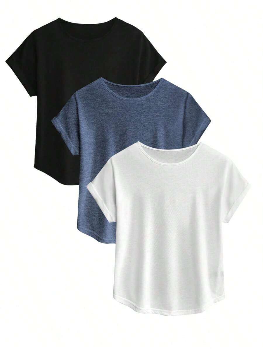 Conjunto de tres piezas para mujer con camiseta de manga murciélago de cuello redondo y unicolor y rayas - Multicolor 3 - Ver 1