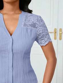 Camisa casual de mujer de unicolor y estilo simple para uso diario, verano - Niebla azul - Ver 6