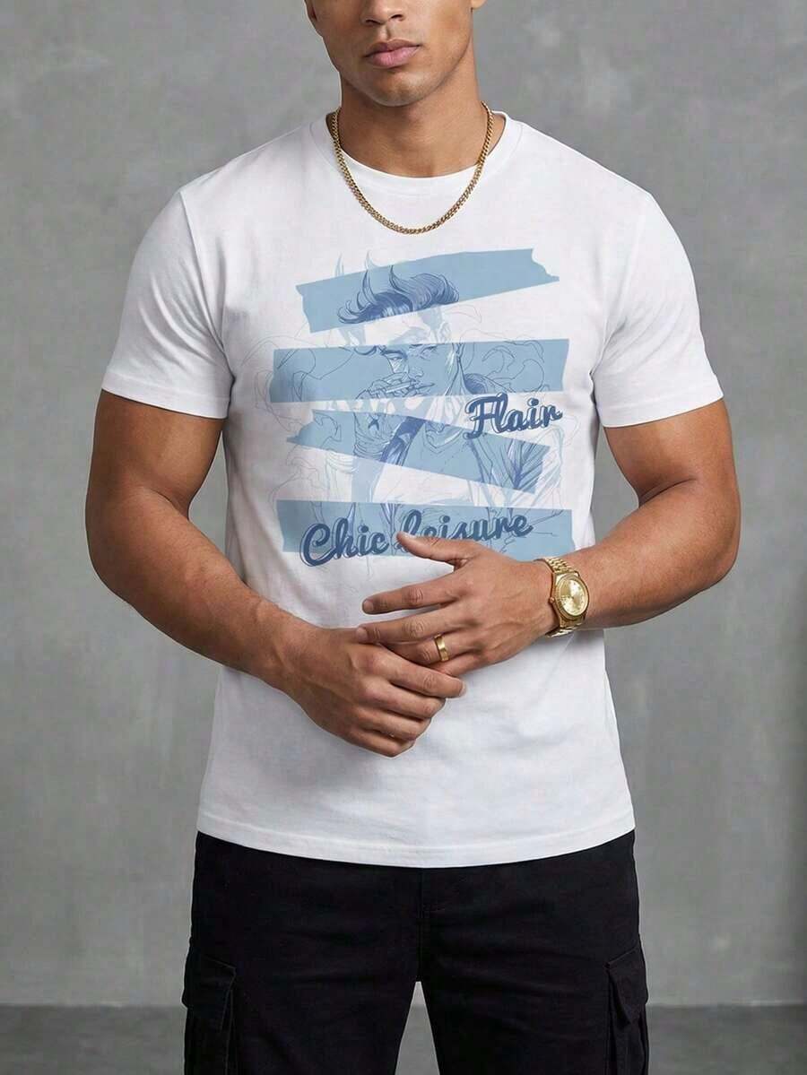 Camiseta de Verano para Hombre con Estampado de Retrato Elegante, de Algodón Puro, Cuello Redondo, Manga Corta, Suave y Holgada, Estilo Transpirable y a la Moda - Blanco - Ver 1