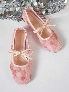 White Women's Flat Ballet Shoes With Bow Decor, Floral Embroidery, Summer; Black Breathable Hollow Mesh Sandals With Square Toe And Sequin Decor, Suitable For Wide Feet, Mary Jane Shoes,Mothers Day Gift - màu đen - Xem 4