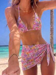 Conjunto de 3 piezas de traje de baño de bikini de unicolor y estilo sexy de halter para mujeres, conjunto de traje de baño, para vacaciones de verano en la playa - Multicolor 2 - Ver 3