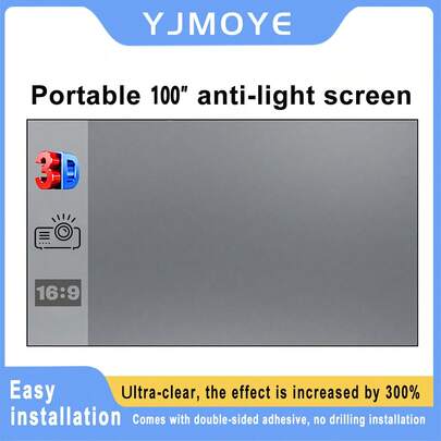  YJMOYE 100inch Projector Screen Portable 16:9 4K Reflective Fabric Cloth Projection Gray Curtain For 1LCD Series Movie Video Cinema Home Projectors Easy To Install Without Drilling Holes