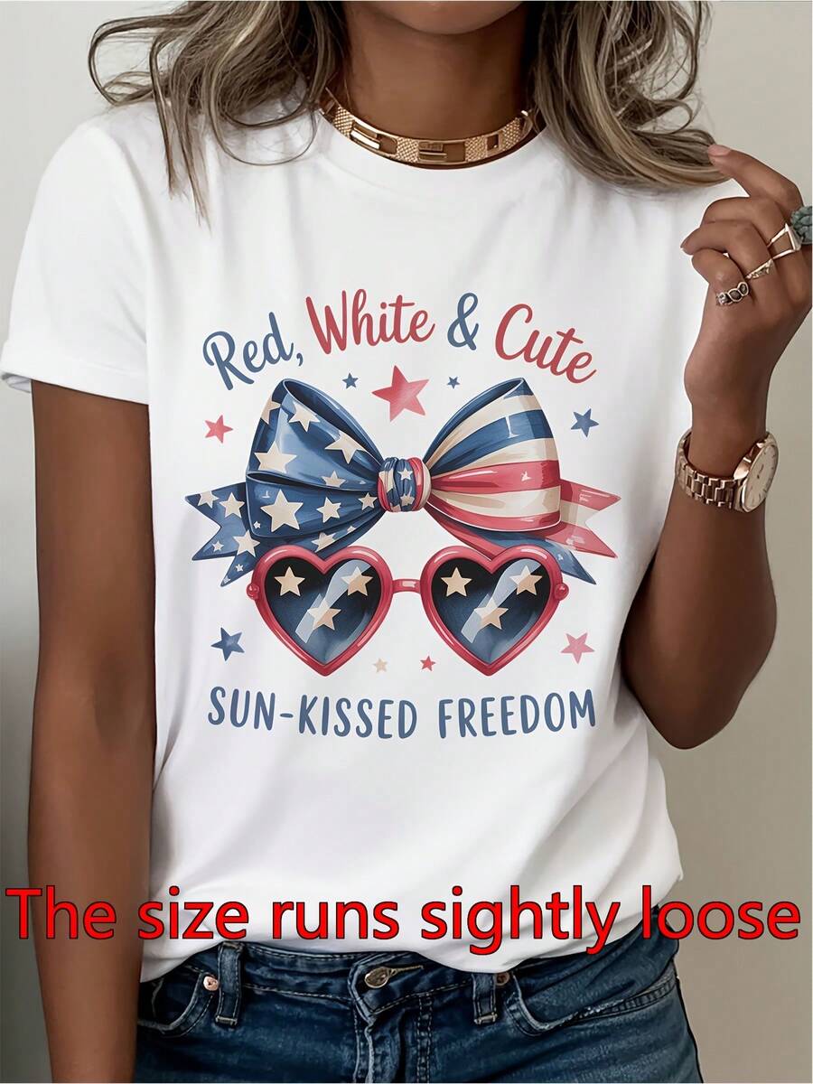 Women's Crew Neck T-Shirt, Comfortable And Casual, With A Fun And Cheerful Design Of Sunny Kisses In Red And White For The 4th Of July, A Must-Have Product For Both Spring And Summer, A Perfect Addition To Your Spring And Summer Wardrobe. - White - View 1
