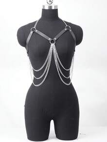 Silver Scale Armor Bra Top With Black Harness And Chain Detail For Cosplay And Festivals - 黑色 - 查看 6