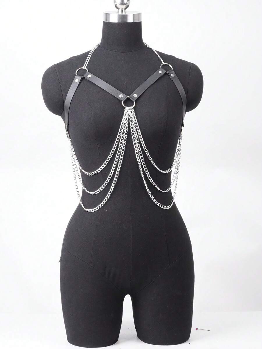 PU Leather Waist Belt Black V Shape Chest Harness, Triple Layer Metal Chain Adjustable Back Strap For Punk Y2K Rave Cosplay - 黑色 - 查看 1