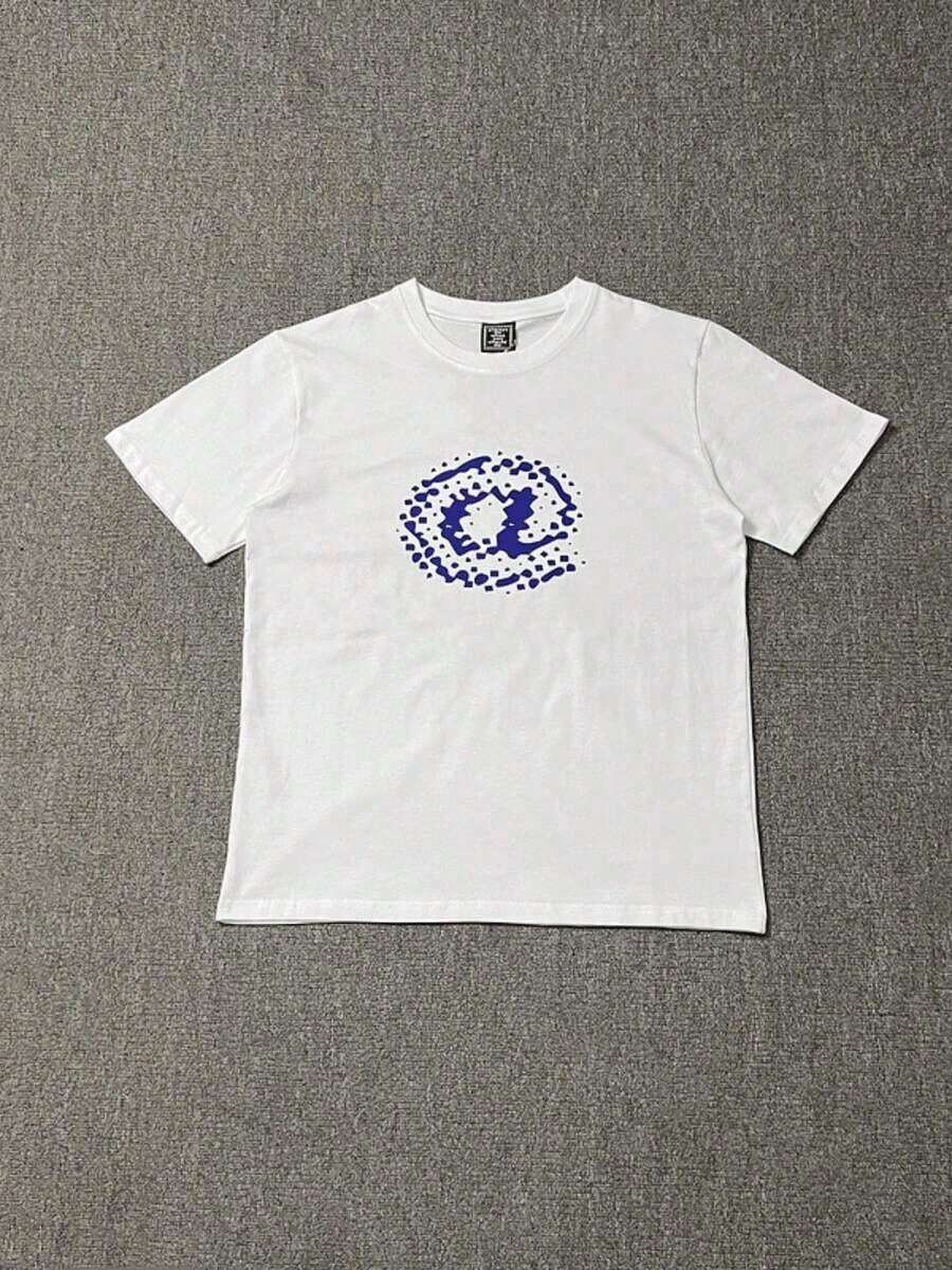 Camiseta cómoda para mujer, 100% algodón, estampada con un patrón circular abstracto.La figura geométrica central está compuesta por puntos dispersos, creando una ilusión óptica única. - Blanco - Ver 1