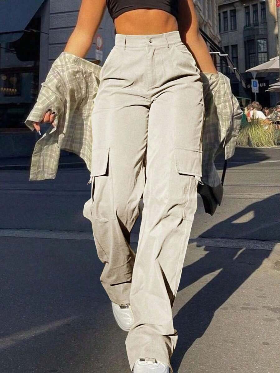 Pantalones cargo casuales negros de primavera con bolsillo con solapa lateral - Albaricoque - Ver 1