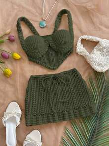 2 piezas Conjunto de top sin espalda de crochet y falda de cintura baja sexy para vacaciones, adecuado para festival de música, estilo bohemio, vacaciones, citas, té de la tarde - Verde Oliva - Ver 6