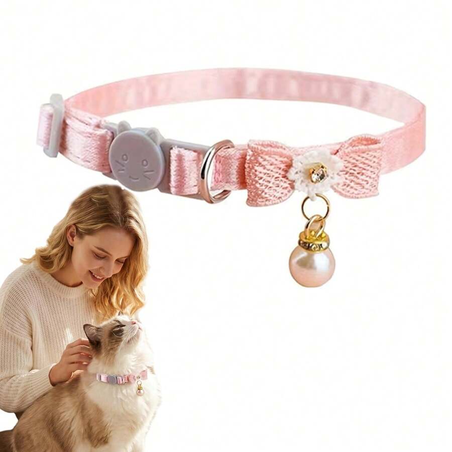 1 PC Cute Cat Collar With Pearl Pendant, Pink Bow Detachable Cat Collar With Adjustable Quick Release Buckle, Pet Necklace Decorated With Flowers, Suitable For Small, Medium And Large Cats - Multicolor - View 1