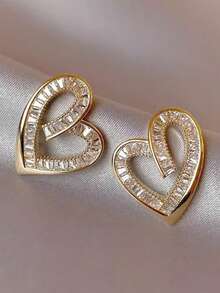 1 Pair Romantic Cubic Zirconia Heart Stud Earrings, Suitable For Women, Can Be Worn For Weddings, Engagements, Anniversaries, Parties, Valentine's Day And Other Occasions - 1# - View 8