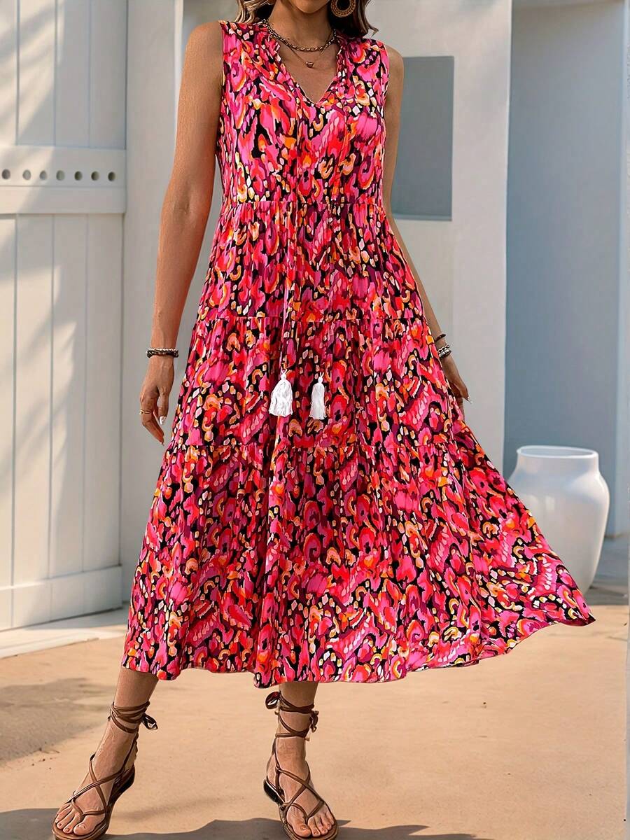 Bohemian-Style Fringe Tie-Up Printed Maxi Dress For Women's Summer And Spring Vacation - Red - View 1