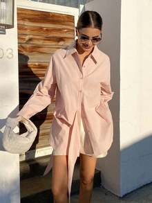 Blusa beige de manga larga con diseño de cintura ceñida, para uso casual y de oficina, estilo suelto y elegante para primavera y verano - Rosa - Ver 3