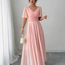 Elenzya Ruffled Sleeve Waist Cinched V-Neck A-Line Minimalist Elegant Romantic Sophisticated Women Dress - Azul Marino - Ver 5