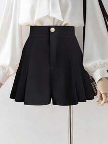 Nuevos shorts casuales, elegantes y cómodos para mujer, con cintura elástica, de línea A, con cierre frontal de cremallera y tejido plisado - Negro - Ver 6