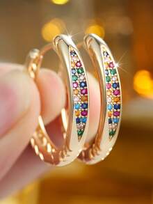 1 Pair Bohemian Rainbow Rhinestone Huggie Earrings, Golden Plated Curved Design Hoop Earrings For Daily Wear, Vacation, Party & Gifting - Multicolor - View 2