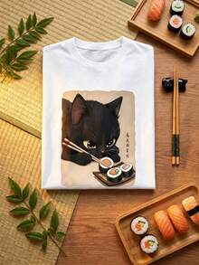 Women's Clothing, Fun Japanese Style With Black Cat Eating Sushi Print, Korean Version, Comfortable And Versatile Retro Fashion For Daily Travel, Y2k Women's Clothing. Short-Sleeved, Round-Neck, Fitted, Black, Niche Punk Style, From The Washed Retro Series, Comfortable, Made Of Pure Cotton, Which Allows You To Easily Create Retro Casual Clothes, Suitable For Daily Commute, Casual Outings, Daily Use, Classic Retro Clothing For Women. - 白色 - 查看 4