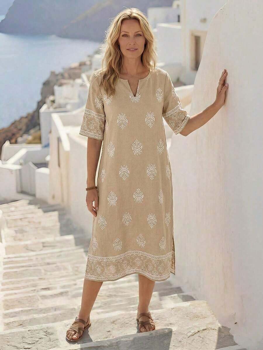 Women's Retro Print Mid-Length Casual Dress, Suitable For All Seasons, Stylish Vacation Outfits For Women, Floral Dresses, Spring Dresses For Women, Summer Outfits, Beach Outfits For Women, Casual - Pearl White - 查看 1