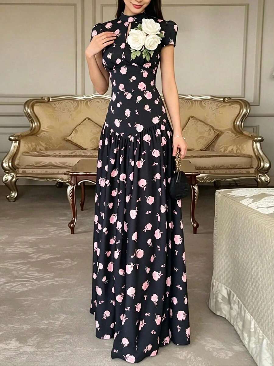 Vestido largo primavera 2026, holgado con estampado floral, estilo elegante y moderno - Negro - Ver 1