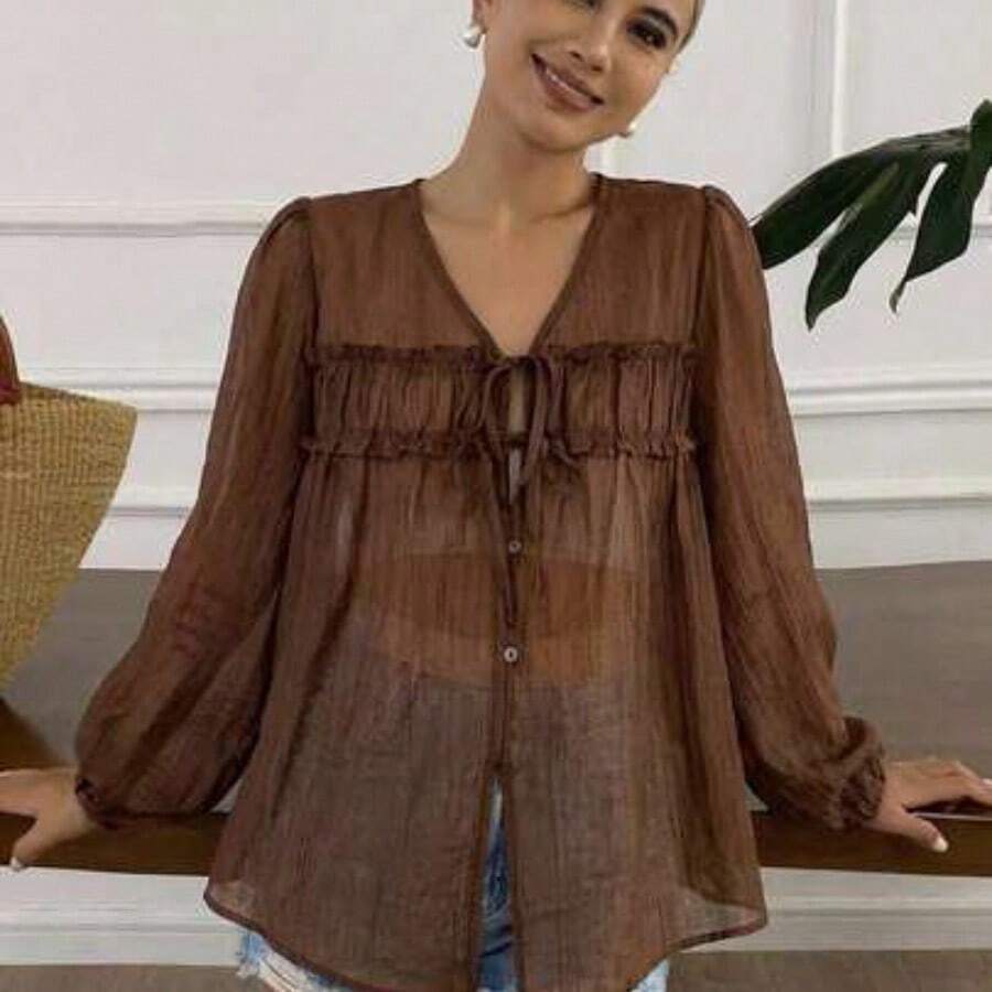 Camisa de mujer casual y versátil de unicolor con lazo - Café integral - Ver 1