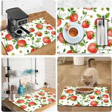 1pc Dish Drying Mat, Coffee Machine Pad, Strawberry & Leaf Floral Pattern, Vibrant Red & Green Color, Suitable For Dining Table & Cafe, Absorbent & Anti-Moisture, Multi-Purpose Drainage Mat, Home Gift, Desktop Decor - XYLSD-368 - View 11