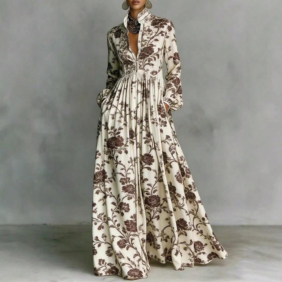 Women Plus Size Floral Print Long Sleeve Dress Elegant Vintage Waist Cinching Slim Fit Maxi Dress Casual Holiday Vacation Outfit Fashionable Retro Lounge Dress - Marrón - Ver 1