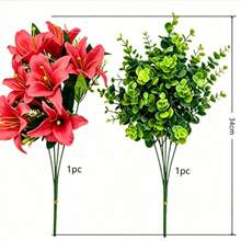 Ramos artificiales de lirios de eucalipto, arreglos florales artificiales realistas, lirios artificiales rojos y blancos con hojas verdes, adecuados para decoraciones de mesa en el hogar, fiestas de boda y decoraciones florales DIY. - Multicolor - Ver 11