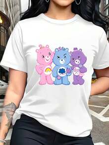1 camiseta de mujer, diseño de oso de dibujos animados, camiseta negra unisex de manga corta con cuello redondo, ideal para salidas informales, fiestas, playa y estilo urbano |   un estilo casual para chicas |   un regalo para mejores amigas, familiares y amigos - Negro - Ver 6
