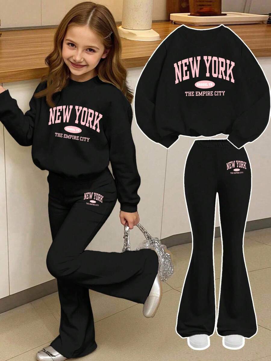 Young Girls Casual Loose Letter Print Sweatshirt Set, Suitable For Autumn/Winter Girls Sports Sweatshirt Set, Winter Young Girls Set - Black - View 1